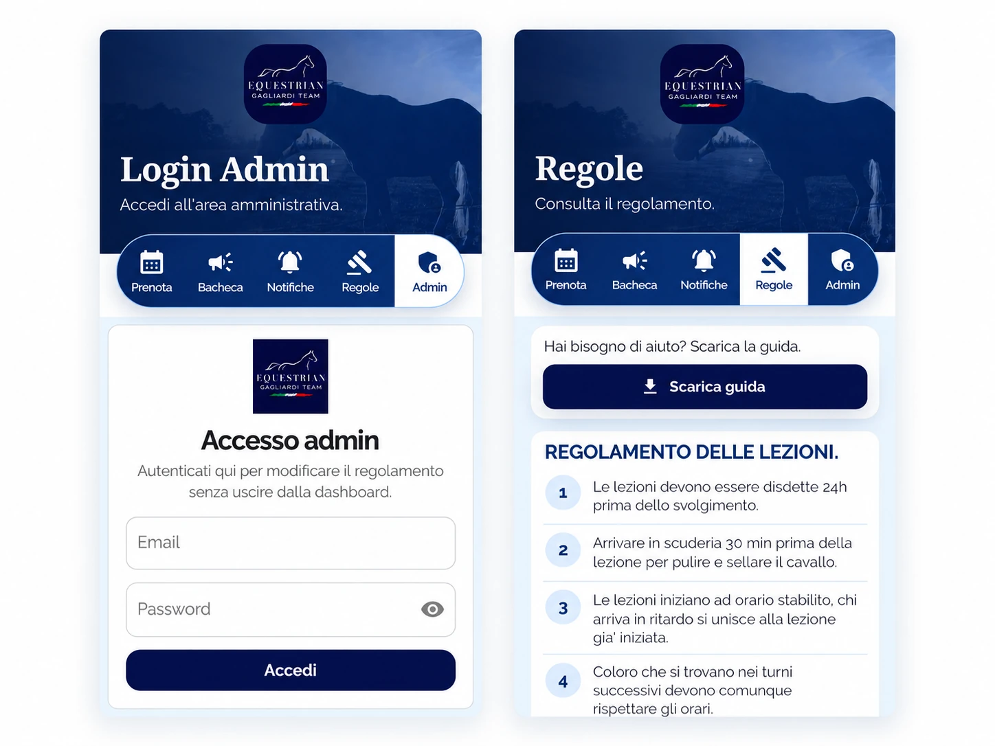 Applicazione Equestrian Gagliardi Team: accesso amministratore e schermata del regolamento lezioni