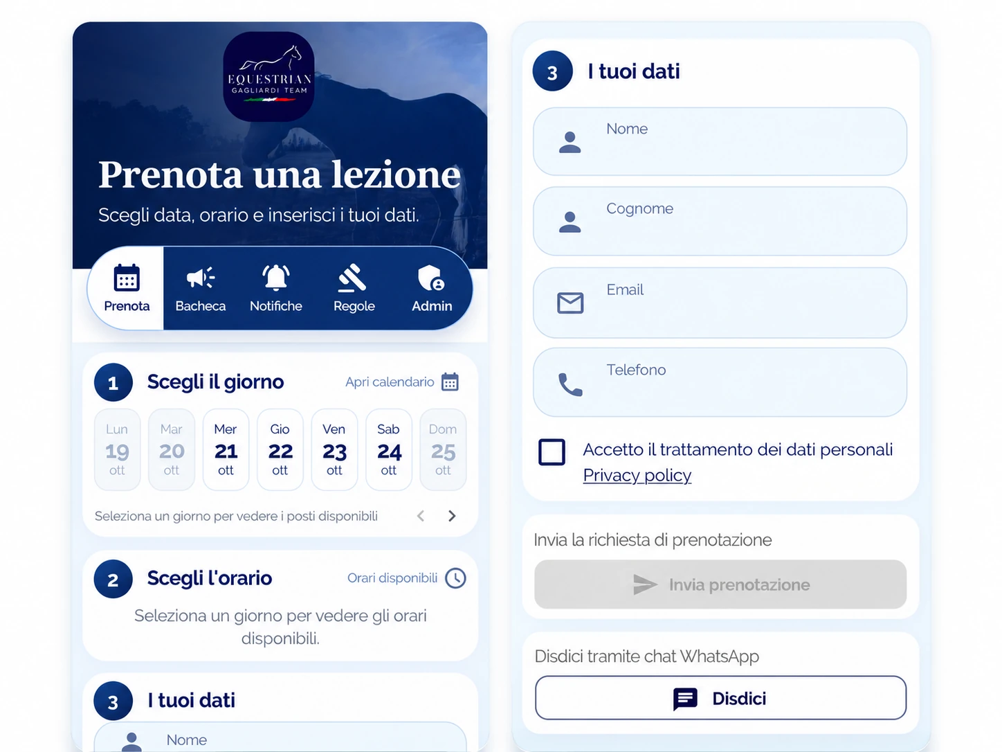 Applicazione Equestrian Gagliardi Team: scelta del giorno, dell’orario e modulo dati per prenotare una lezione