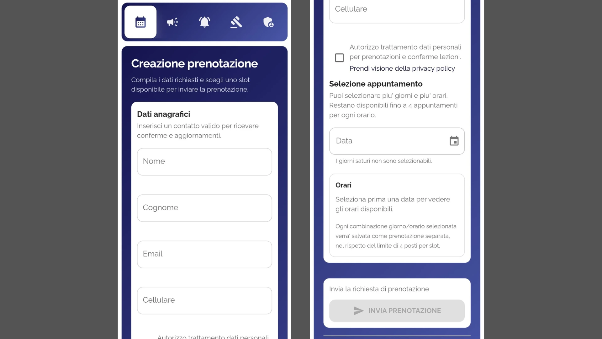 Schermata app mobile prenotazioni Equestrian