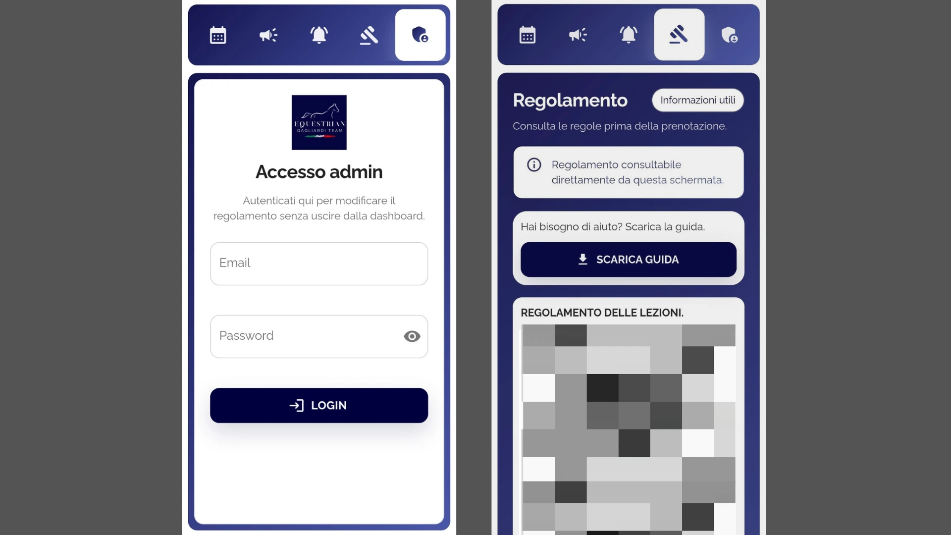 Schermate app mobile gestione Equestrian